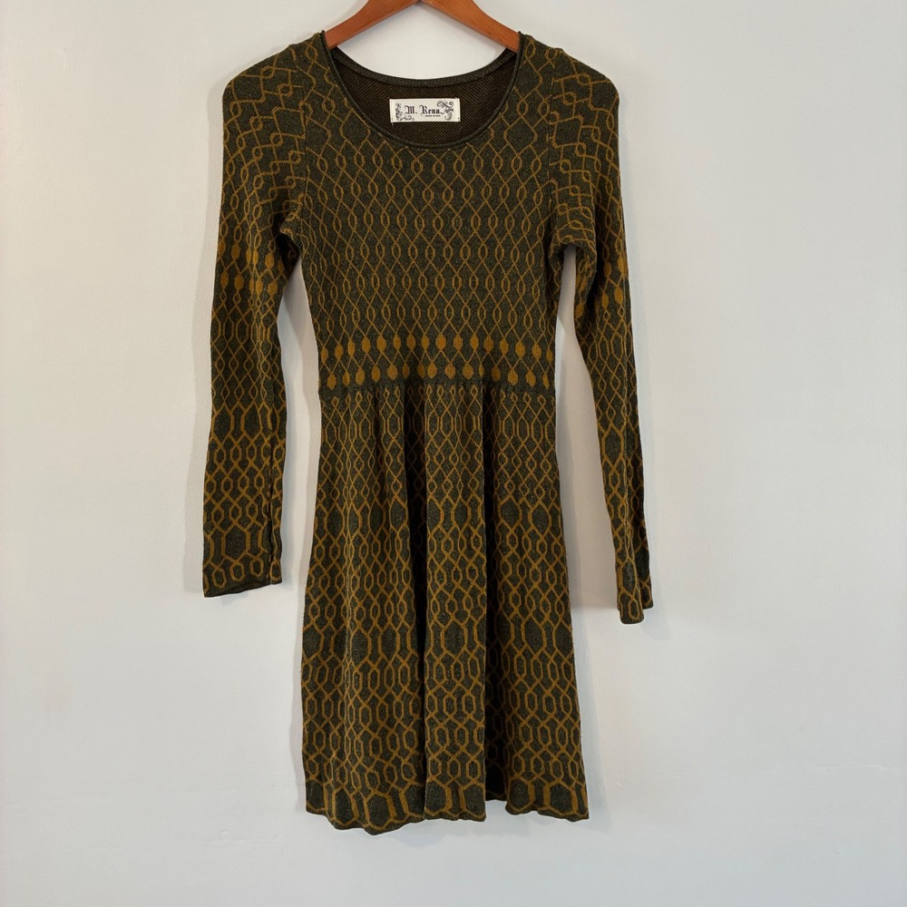 M. Rena Knit Dress S Olive Mustard Geometric Fit & Flare Boho Earthy Indie Retro
